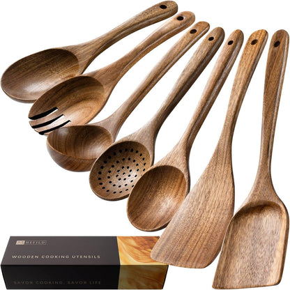 Wooden Spoons for Cooking, Nonstick Cooking Utensil Set with 7 Piece Acacia Wooden Spatulas and