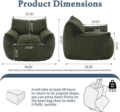 Giant Plush Bean Bag Chair for Adults with Armrests - Oversized Comfy Green Beanbag Lounge Lazy