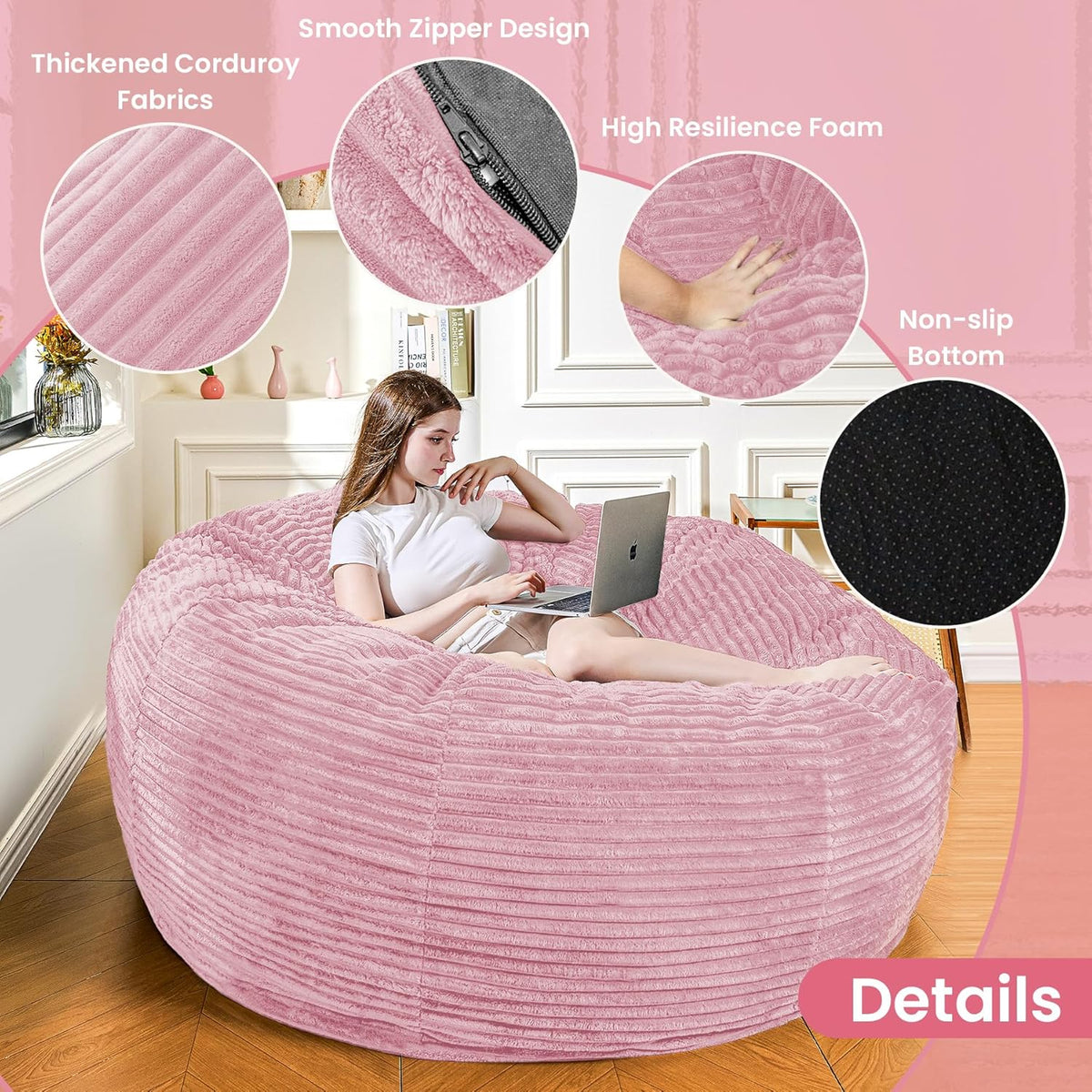 Large Bean Bag Chair, 6FT Giant Beanbag Chairs with Memory Foam Filled, Bean Bag Chairs for Adults