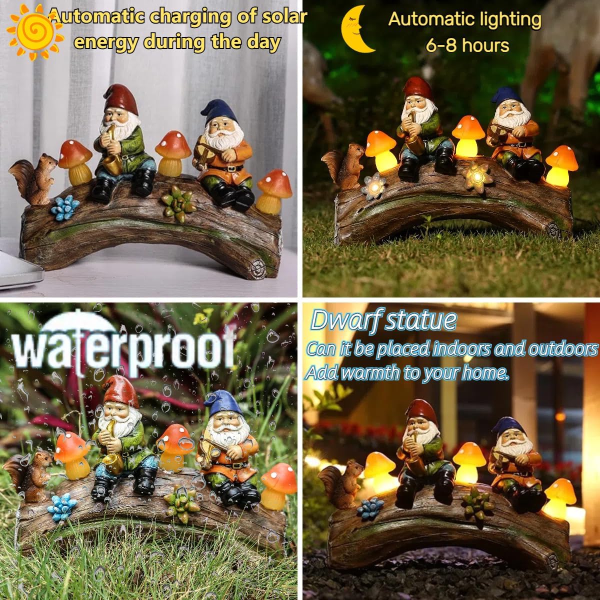 Funny Garden Gnome Statue Solar Powered Mushroom Figurine with Squirrel Gnome Durable Resin Outdoor