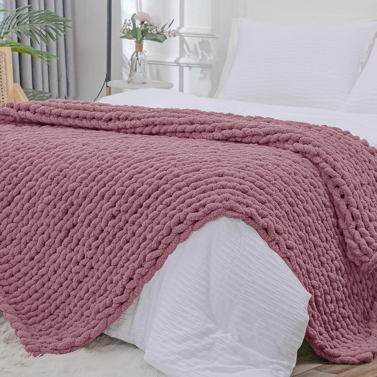 Bigacogo Chunky Knit Throw Blanket for Couch, 40x80 inches, 100% Hand Knitted with Thick Jumbo