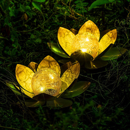 Garden Solar Lights Outdoor(2Pack) , Amber Crackle Globe Glass Lotus Decoration , Waterproof Orange