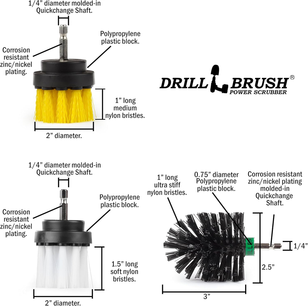 Variety Multi-Pack Drill Brush Attachments for Cleaning Car, Truck, Carpet, Boat, Bathroom