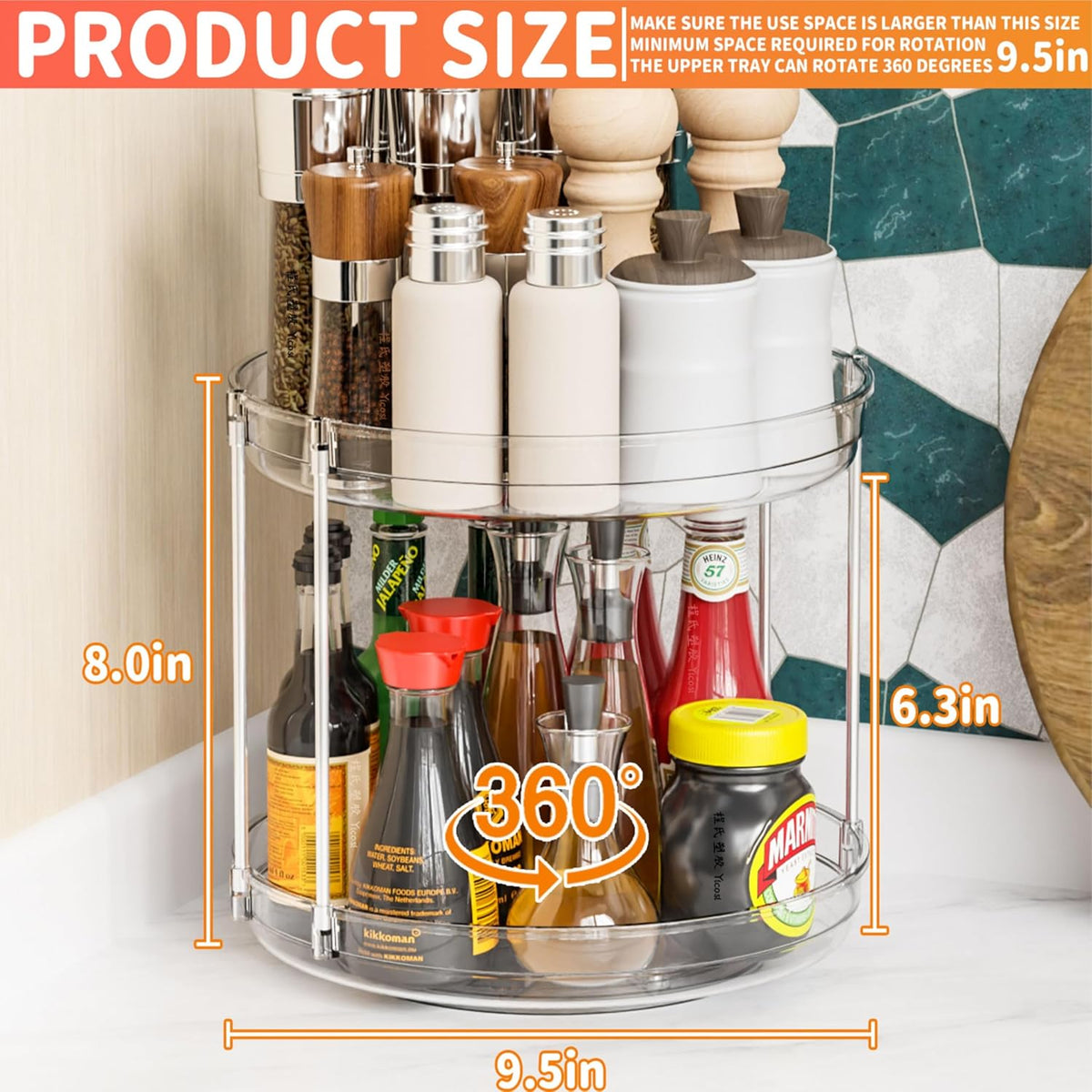 2 Tier Lazy Susan Turntable for Cabinet,Countertop,Pantry,9.5"W Spinning Seasoning Organizer,Double