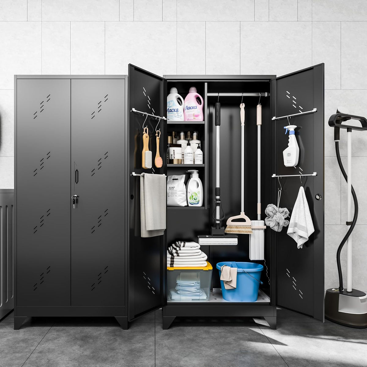 Metal Garage Storage Cabinet, 75” Cleaning Tool Cabinet with Hooks and Hanging Rods, Heavy Duty