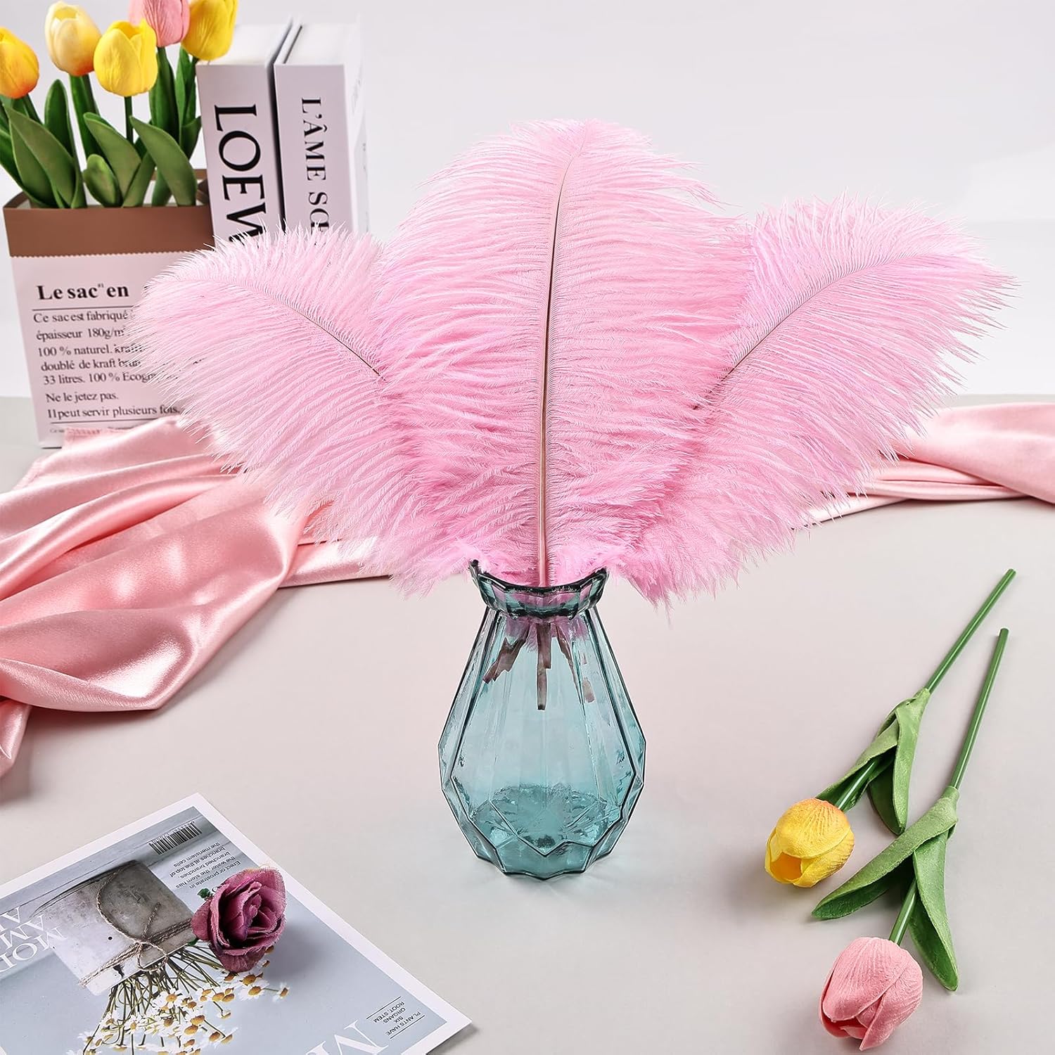 THARAHT Pink Ostrich Feathers 12pcs Natural Bulk 8-10Inch 20cm-25cm for Crafts Wedding Party