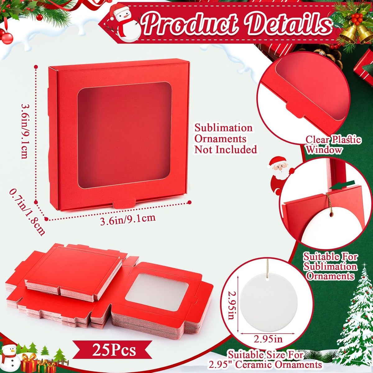 25 Pcs Sublimation Ornament Blanks Box 3.6"x3.6"x0.7" Christmas Ornaments Holder Ceramic Discs