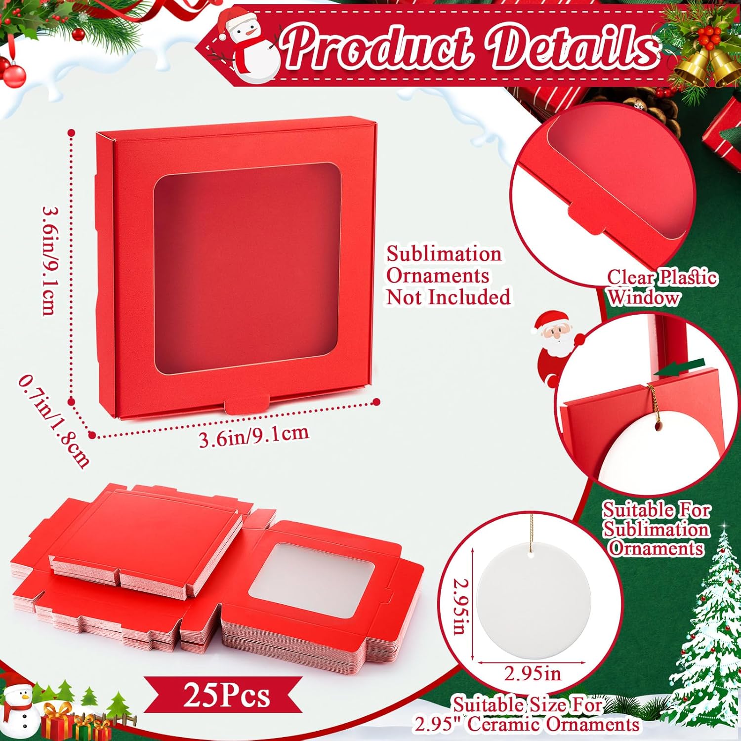 25 Pcs Sublimation Ornament Blanks Box 3.6"x3.6"x0.7" Christmas Ornaments Holder Ceramic Discs