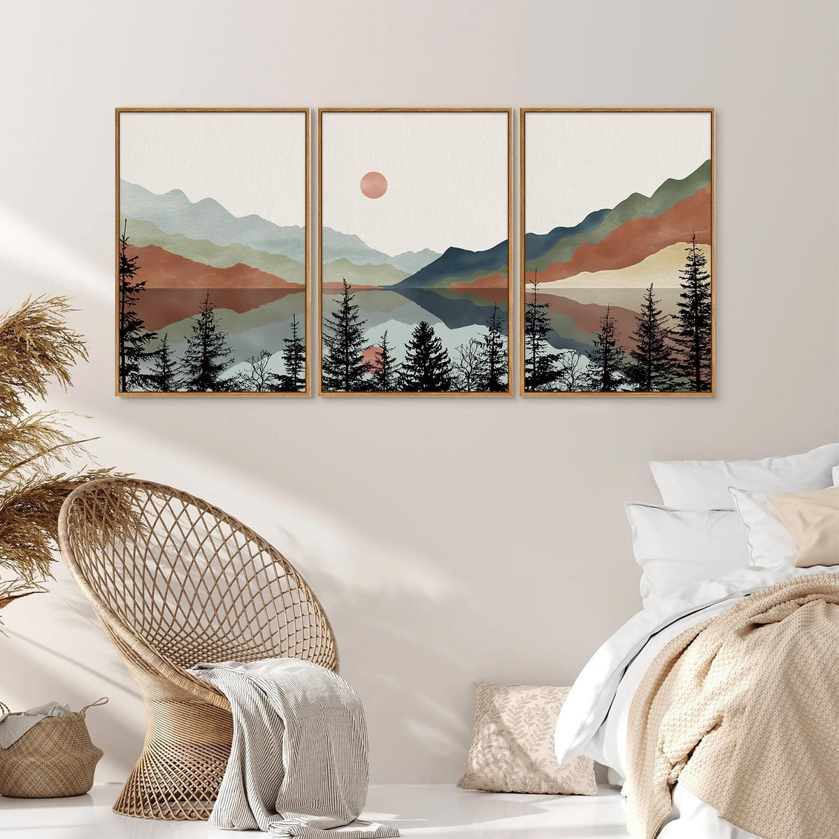 Tinonedraw Boho Mountain Framed Canvas Wall Art Set, Watercolor Nature Landscape Wall Decor, Black