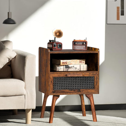 Lerliuo Rattan Nightstand, Boho Side Table with Drawer Open Shelf, Cane Accent Bedside End Table