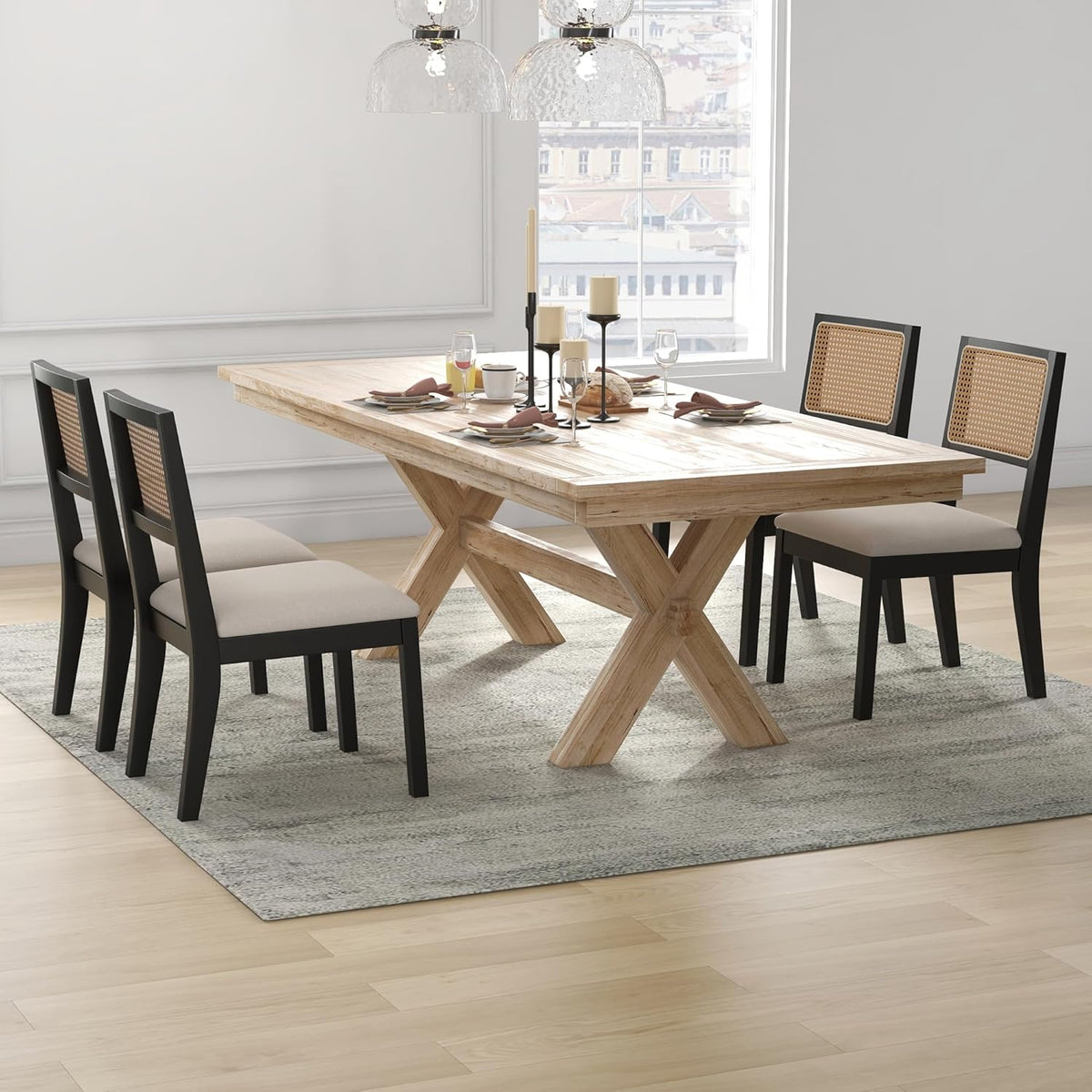 Westice Rattan Dining Chairs Set of 4, Farmhouse Natural Dining Room Chairs with Upholstered