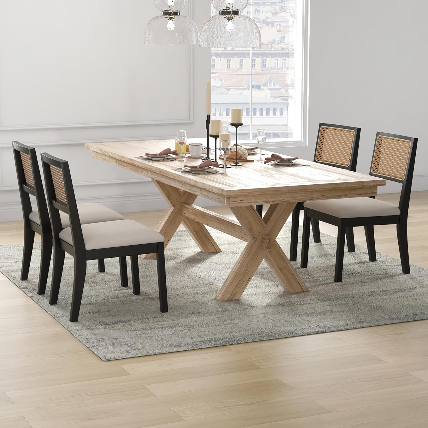 Westice Rattan Dining Chairs Set of 4, Farmhouse Natural Dining Room Chairs with Upholstered