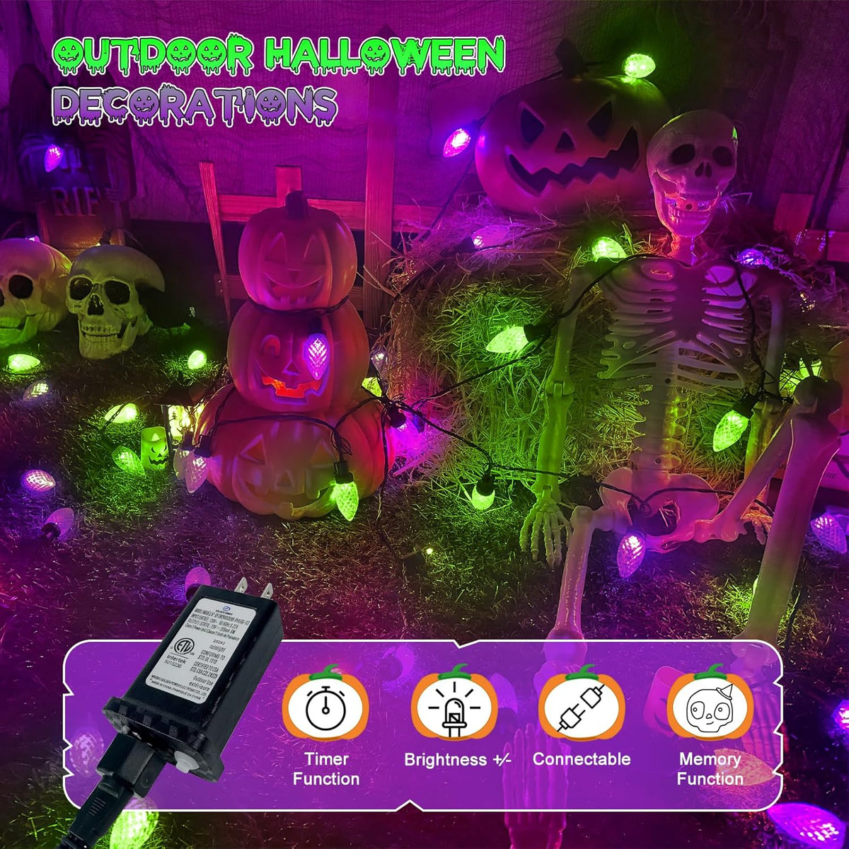 Extendable Purple and Green 2PK 100 LED C9 Halloween Lights Indoor Outdoor Waterproof, 98FT Super