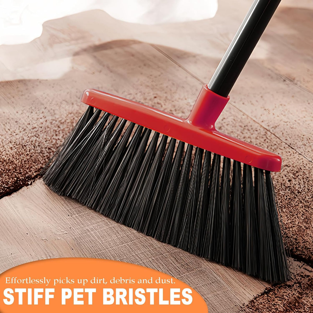 Small Broom Stiff Bristles Brush with Long Handle Indoor or Outdoor Compact Broom for Sweeping