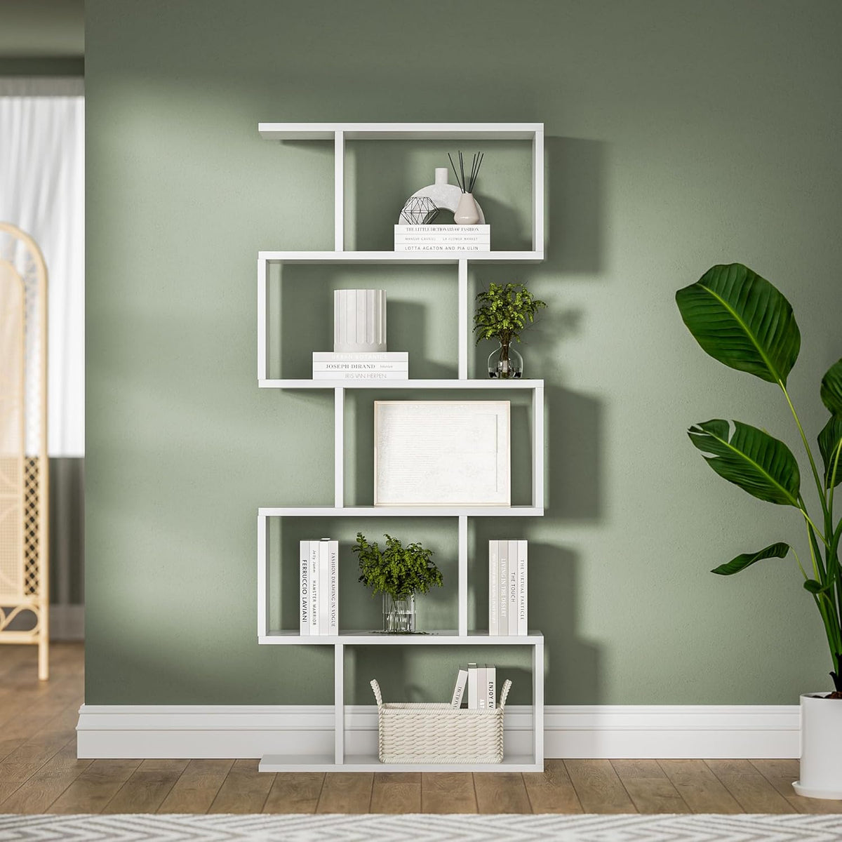 White 5-Tier Geometric Bookcase, S-Shaped Modern Bookshelf Set of 2, 62.6" Tall Room Divider Book