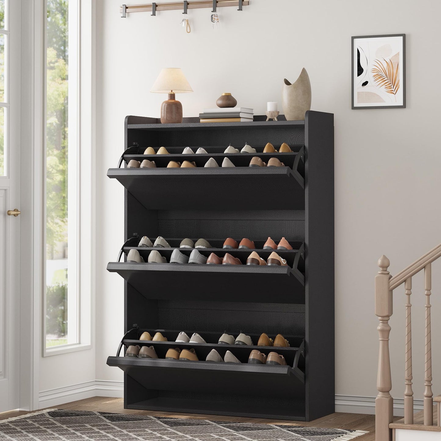 GarveeHome Shoe Cabinet with 3 Flip Drawers, Wooden Shoe Organizer Cabinet with Adjustable Shelf