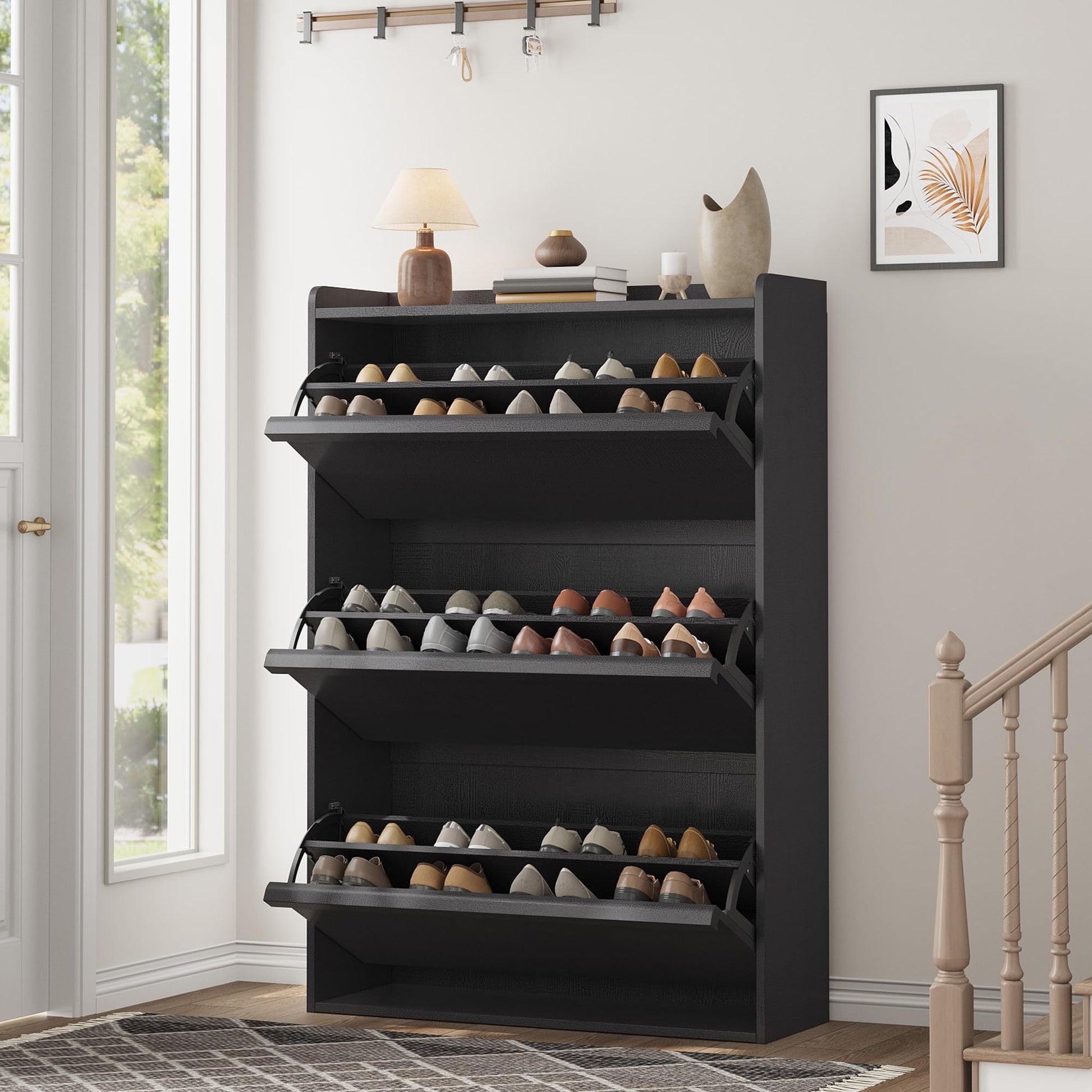GarveeHome Shoe Cabinet with 3 Flip Drawers, Wooden Shoe Organizer Cabinet with Adjustable Shelf