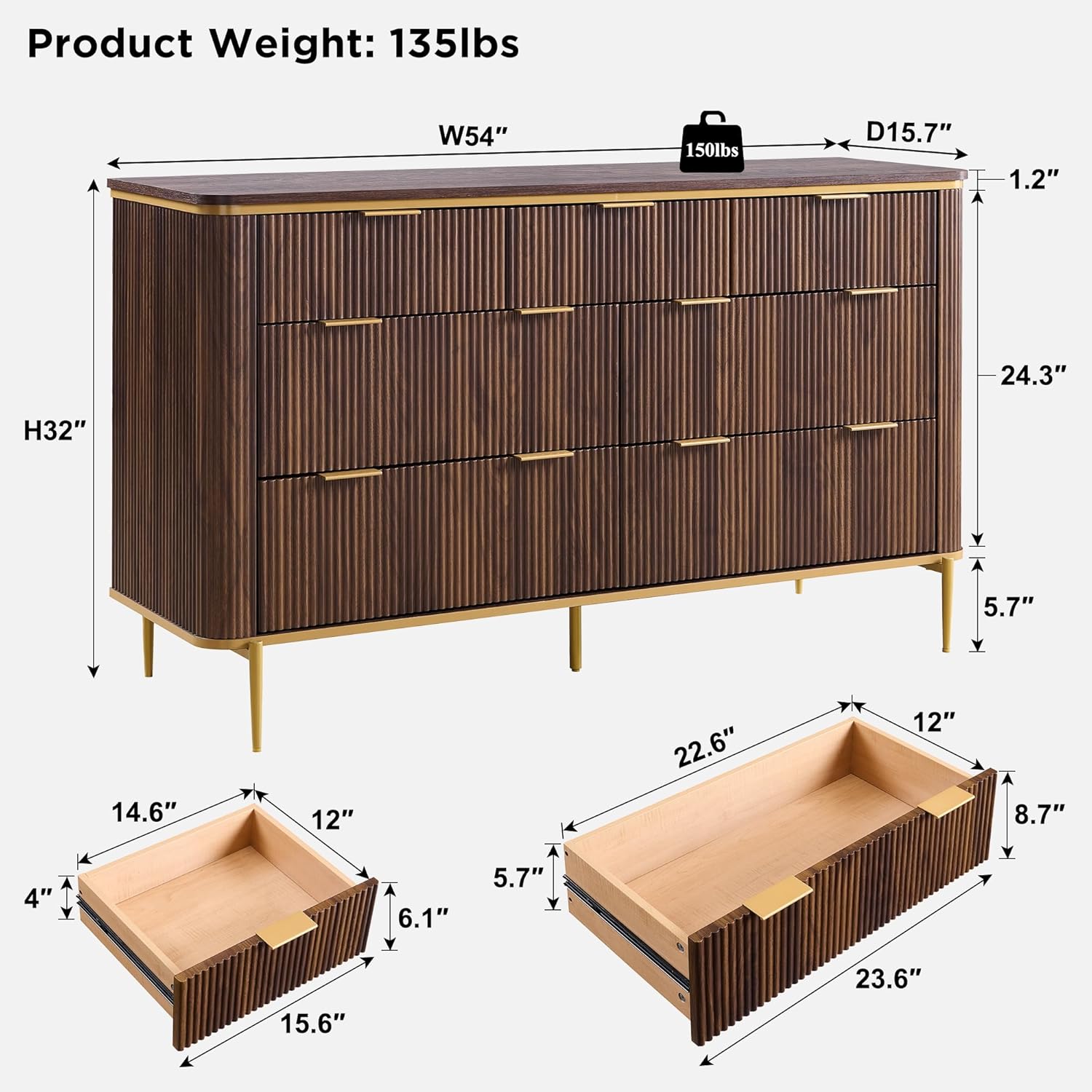 T4TREAM Fluted 7 Drawers Dresser for Bedroom, 54" Wide Modern Dresser TV Stand, Gold Accents