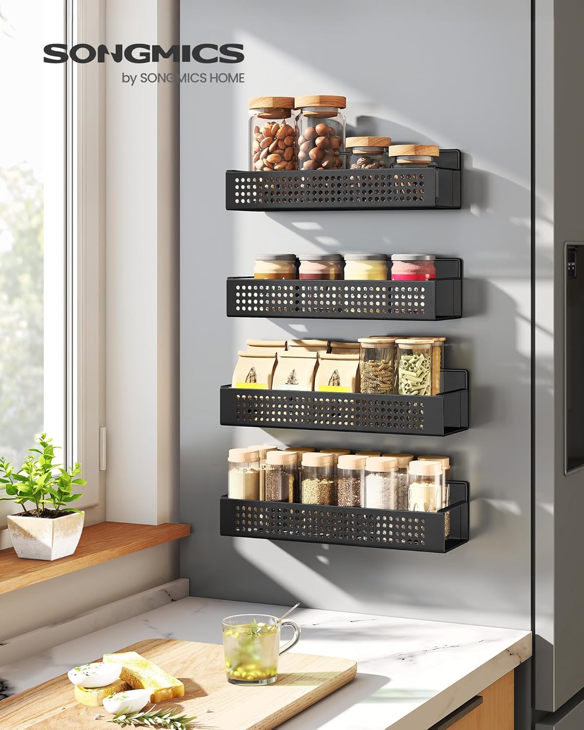 SONGMICS Magnetic Spice Rack for Refrigerator, Set of 4, 2 Large and 2 Small Kichen Magnetic