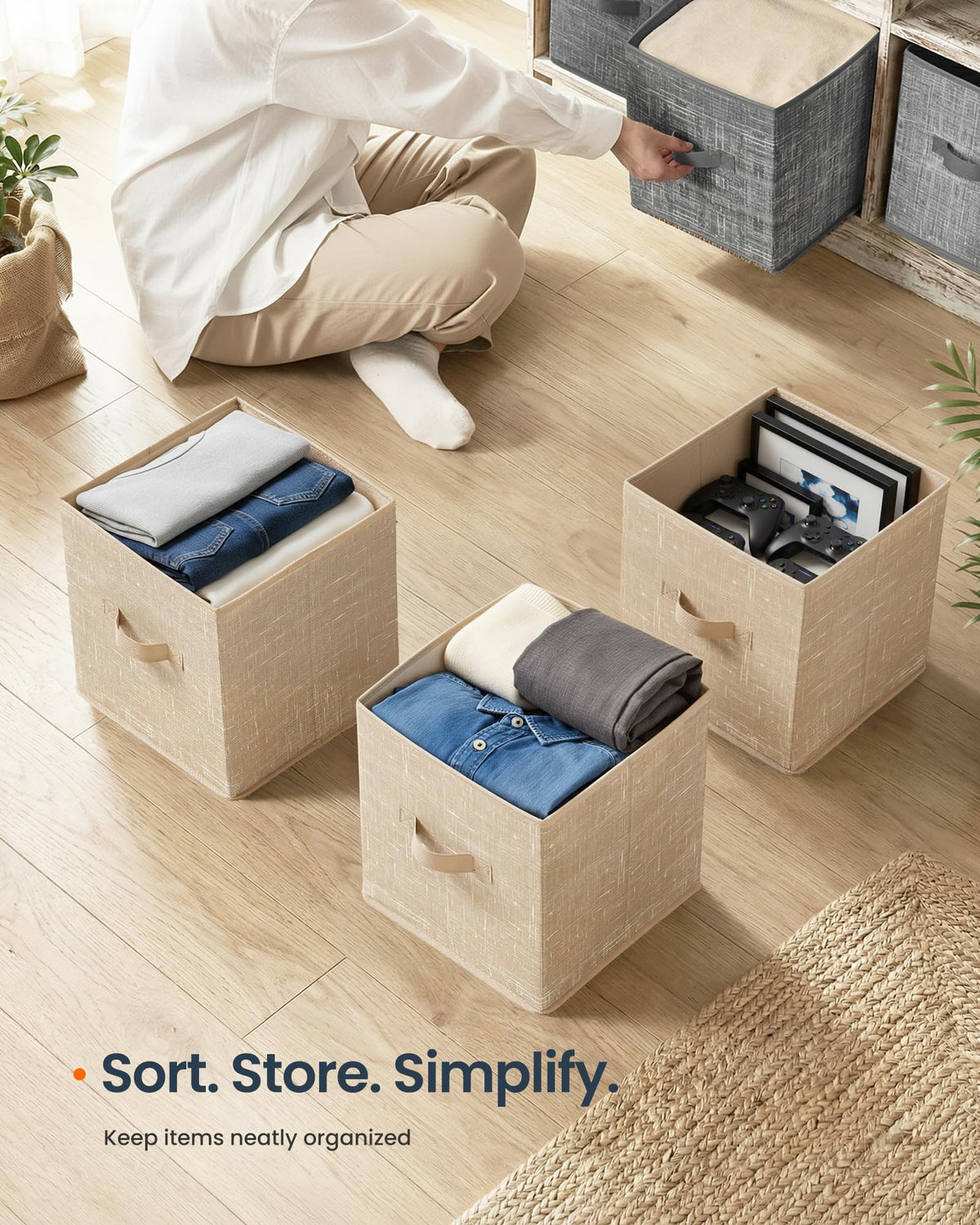 SONGMICS HOME Foldable Storage Cubes Set of 8, Fabric Shelf Organizer Bins with Handles, Closet