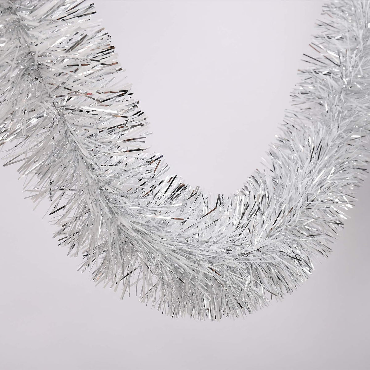25 ft Long Roll Silver & White Tinsel Twist Garland, Shiny Metallic Foil Decorations for Halloween