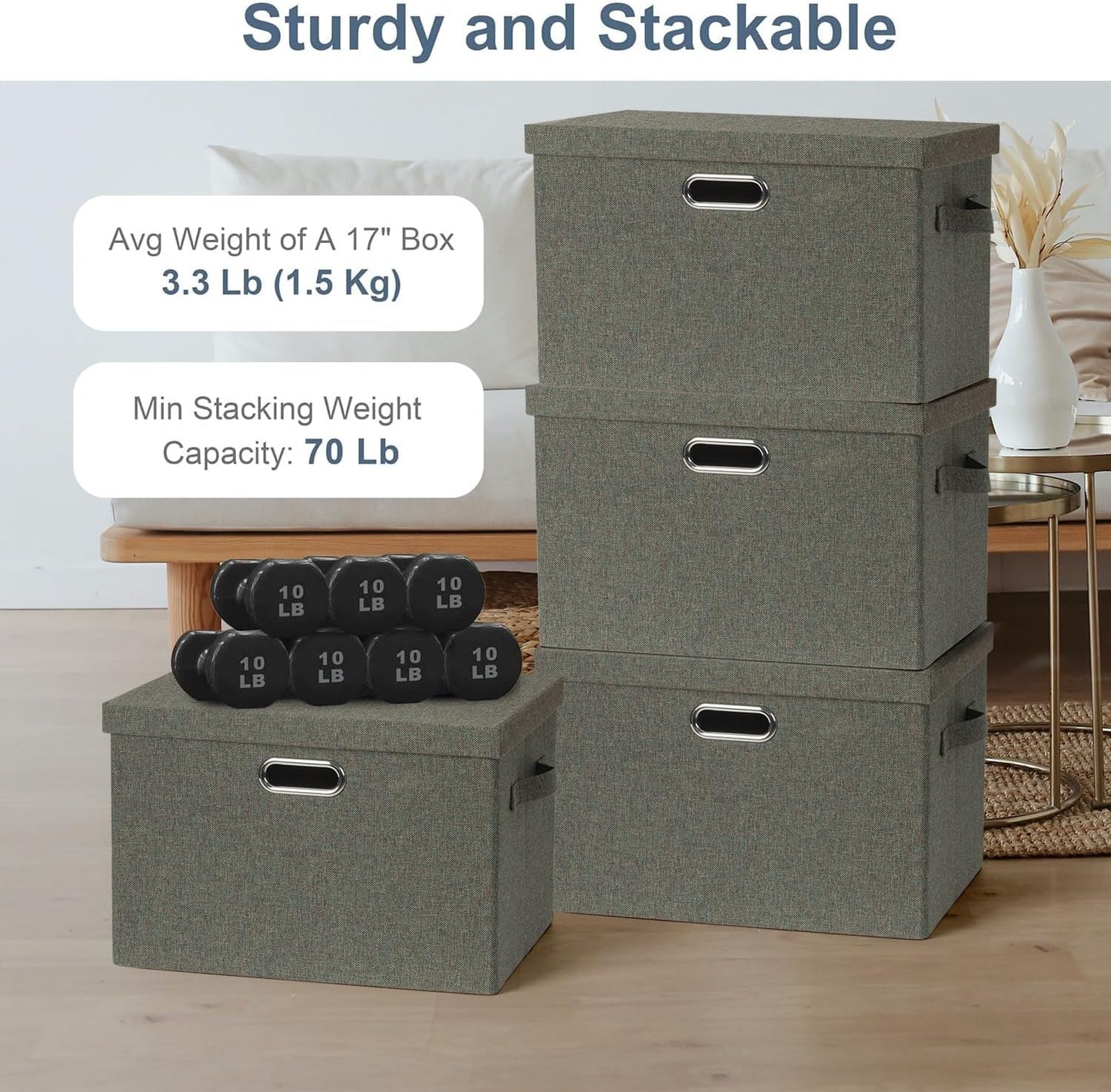 Large 17" 36 Quart Collapsible Stackable Storage Bins with Lids, 3 Packs Dark green Foldable Fabric