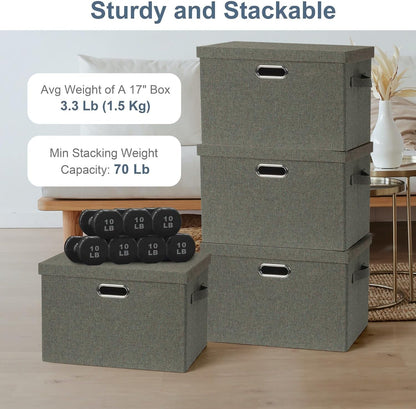 Large 17" 36 Quart Collapsible Stackable Storage Bins with Lids, 3 Packs Dark green Foldable Fabric