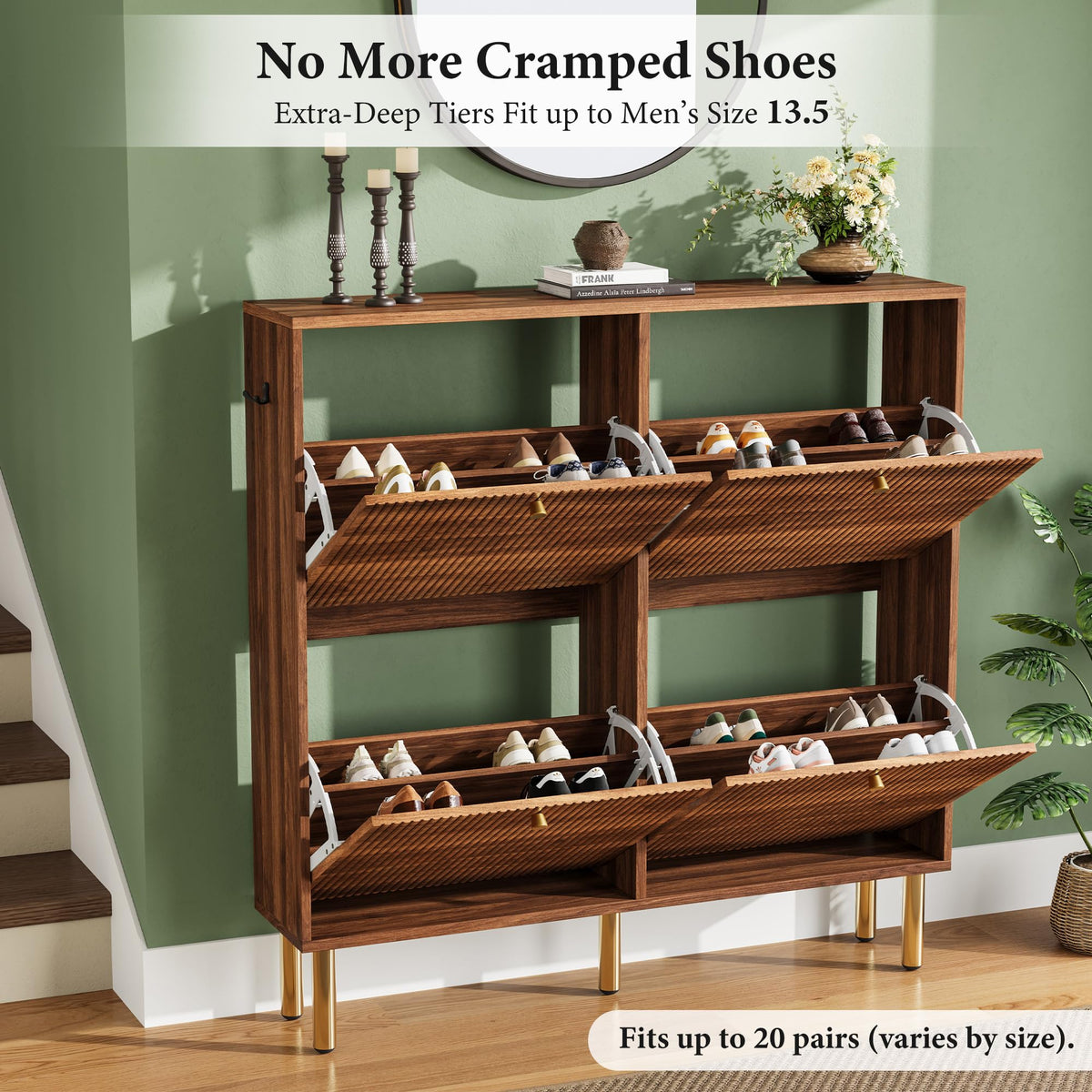 Nicetree Shoe Storage Cabinet for Entryway - 4 Flip Drawers Shoe Cabinet with Tiered Fluted Design