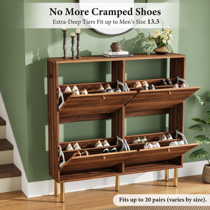 Nicetree Shoe Storage Cabinet for Entryway - 4 Flip Drawers Shoe Cabinet with Tiered Fluted Design