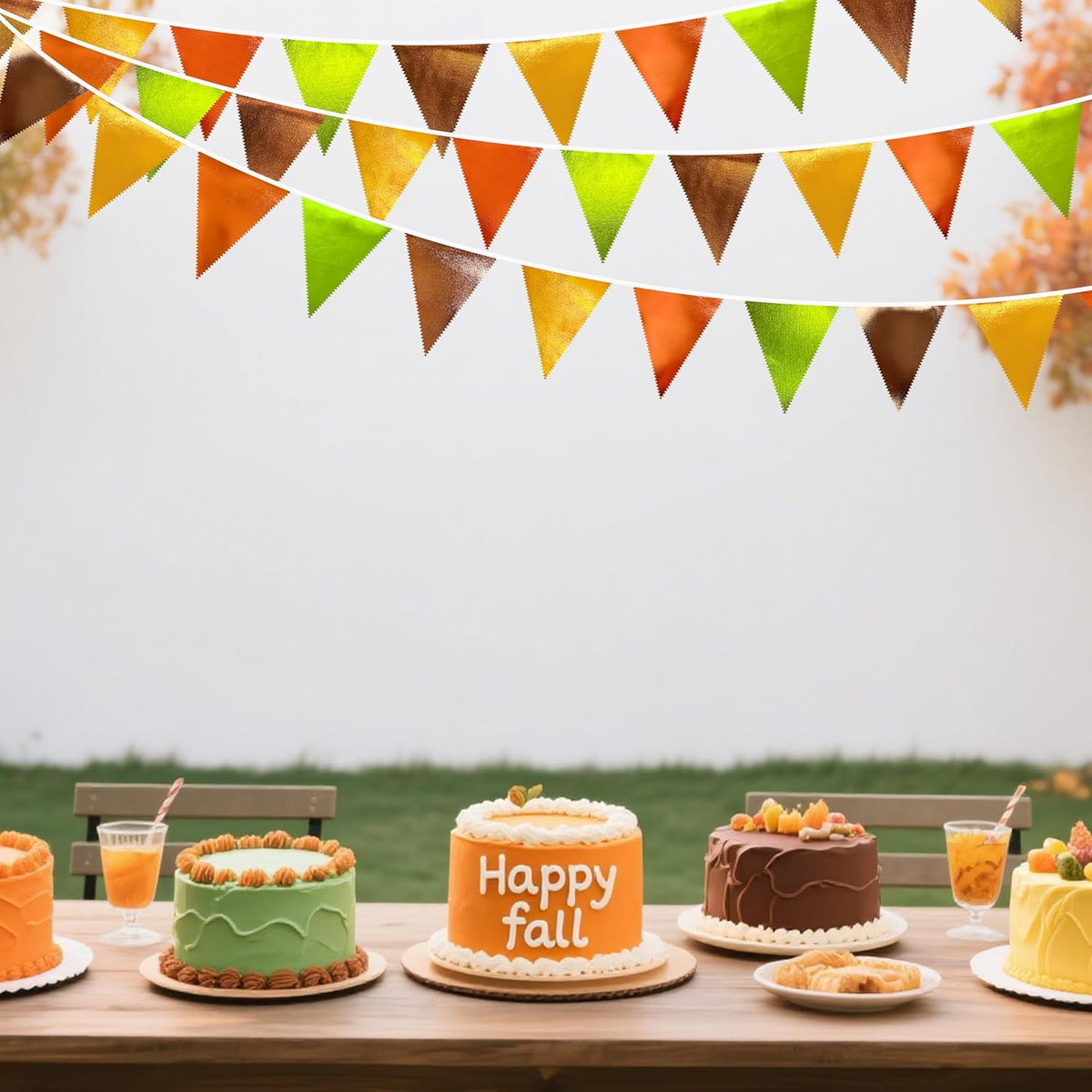Fall Party Decorations Orange Green Gold Brown Metallic Fabric Triangle Pennant Flag Bunting Banner