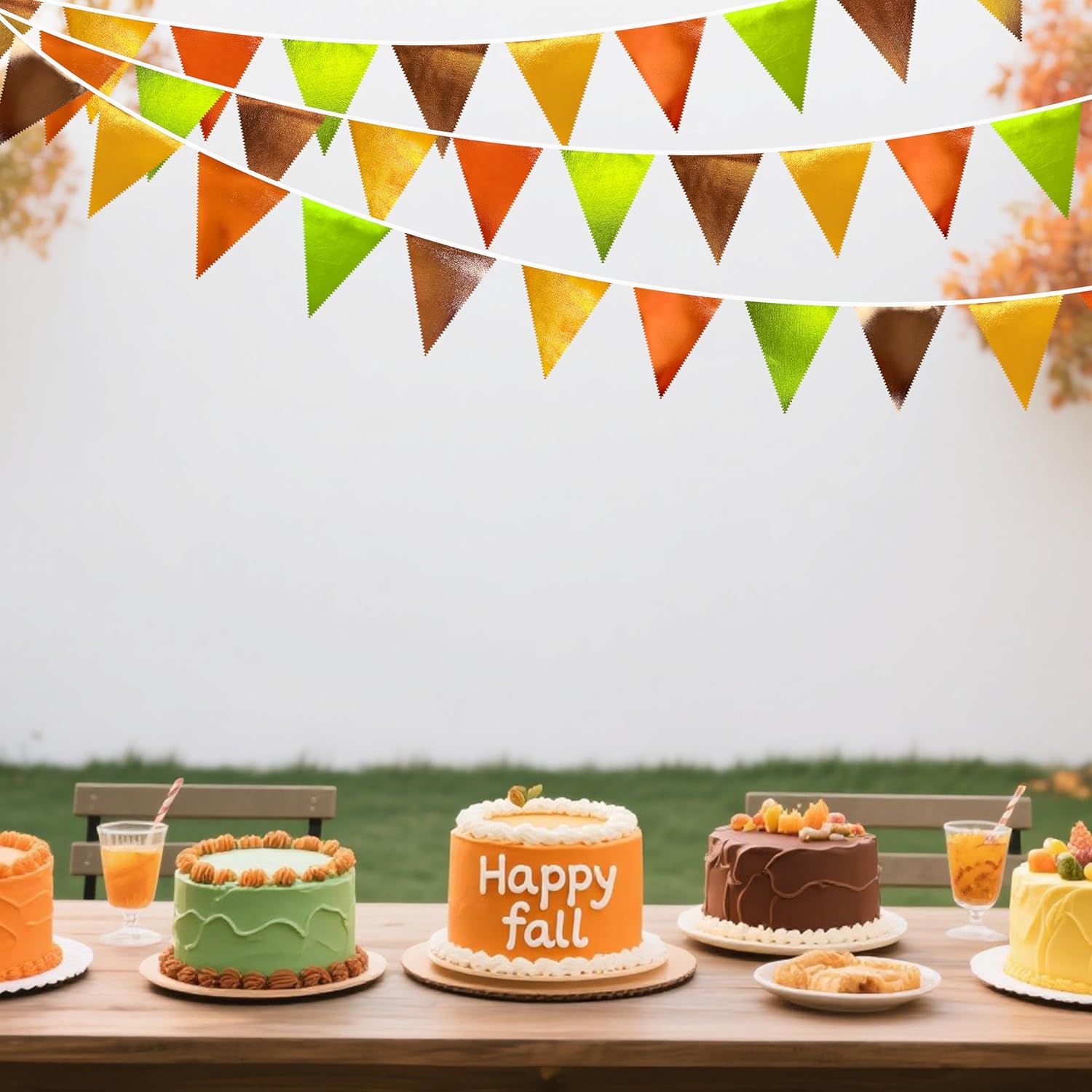 Fall Party Decorations Orange Green Gold Brown Metallic Fabric Triangle Pennant Flag Bunting Banner
