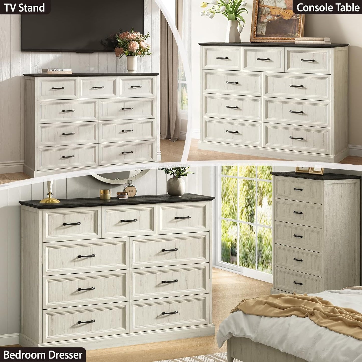 Farmhouse 9 Drawer Dresser for Bedroom, 55 Inch Wide Modern White Dresser TV Stand with Large
