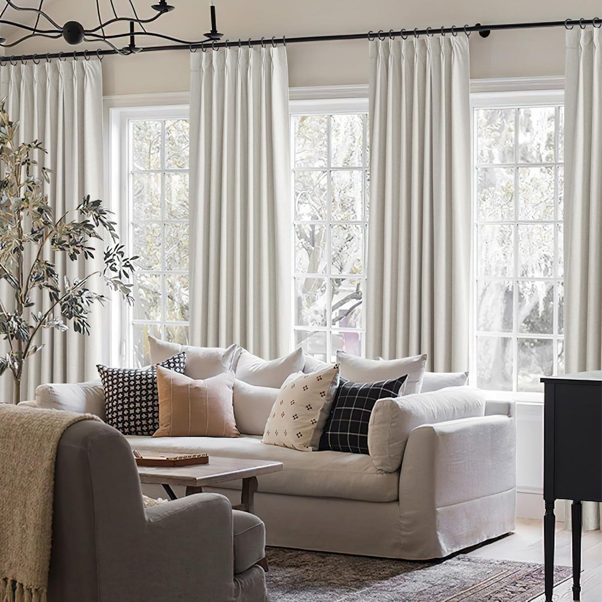 Extra Long Floor to Ceiling 132 Inch Viral Curtains for Living Room, Pinch Pleated Cream Blackout