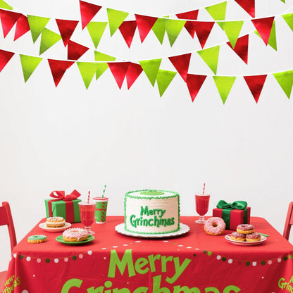Red and Green Metallic Fabric Triangle Pennant Banner Flag Bunting Garland for Merry Grinchmas