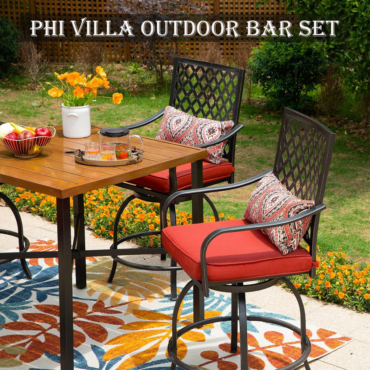 PHI VILLA 36"X36" Outdoor Metal Counter Height Table with 1.57" Umbrella Hole, Square Table with