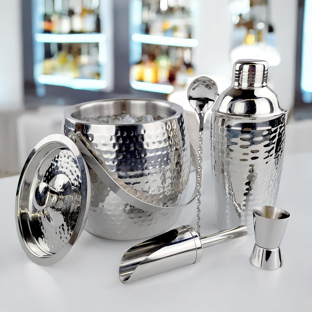 BREKX Insulated Ice Bucket for Cocktail Bar with Drink Shaker 5-Piece Cocktail Set for Parties with