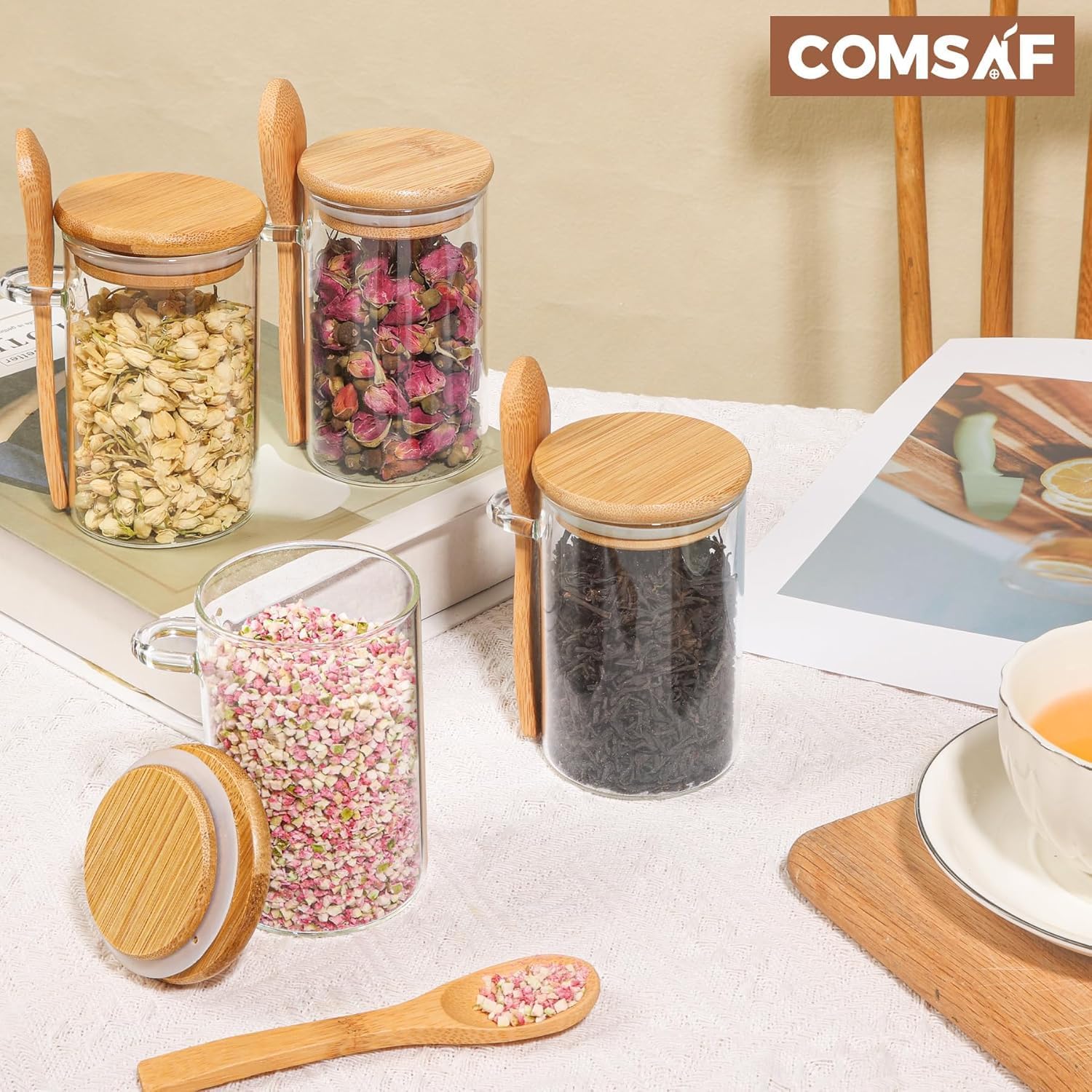 ComSaf Spice Jars with Spoon 8 oz 6Pack, Small Spice Containers Starter Set, Glass Seasoning Jars