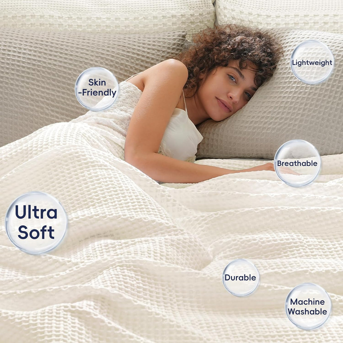PHF Ultra Soft Waffle Weave Blanket Queen Size 90"x 90"- Washed Lightweight Breathable Cozy Woven