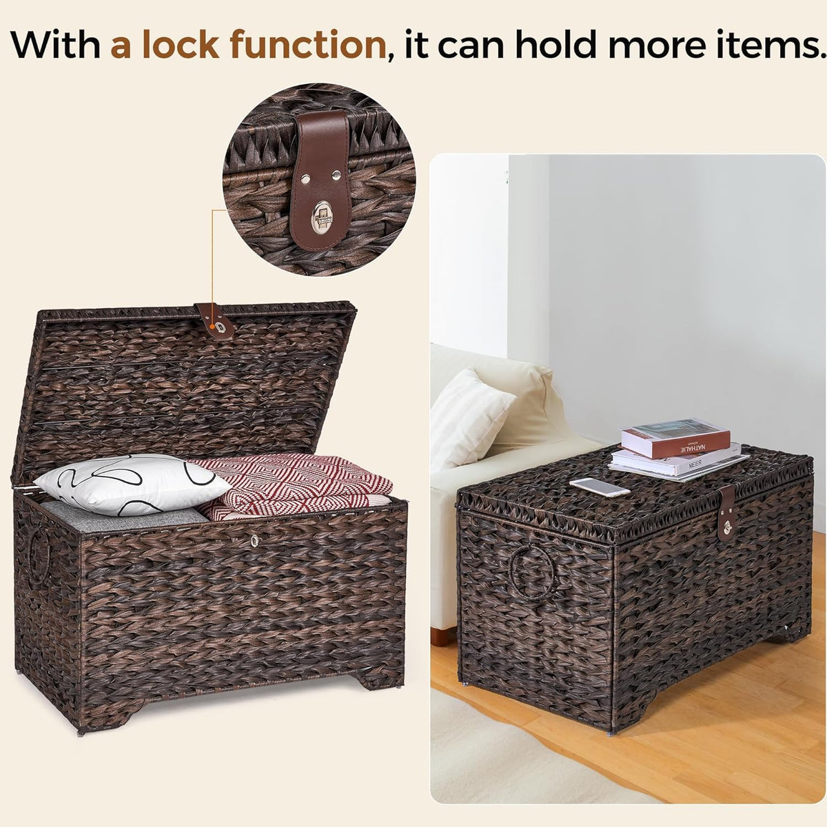 Handwoven Storage Basket with Lid, 165L Plastic Rattan Storage Bin, Leather Buckle & Metal Frame