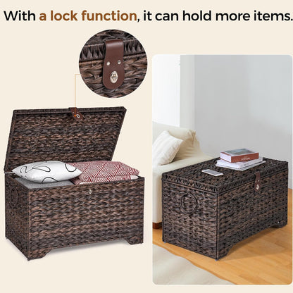 Handwoven Storage Basket with Lid, 165L Plastic Rattan Storage Bin, Leather Buckle & Metal Frame