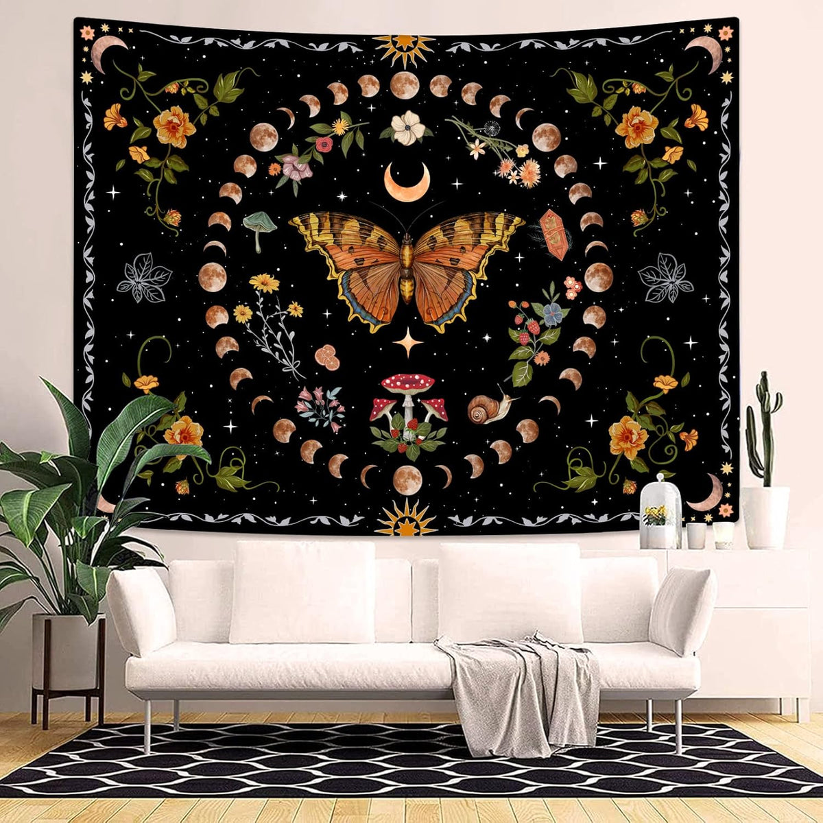 Aipon Orange Butterfly Moon Flower Tapestry Botanical Floral Plant Boho Tapestry for Bedroom