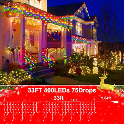 KNONEW 33FT 400 LED Christmas Lights Outdoor Black Wire String Lights with 75 Drops, 8 Lighting