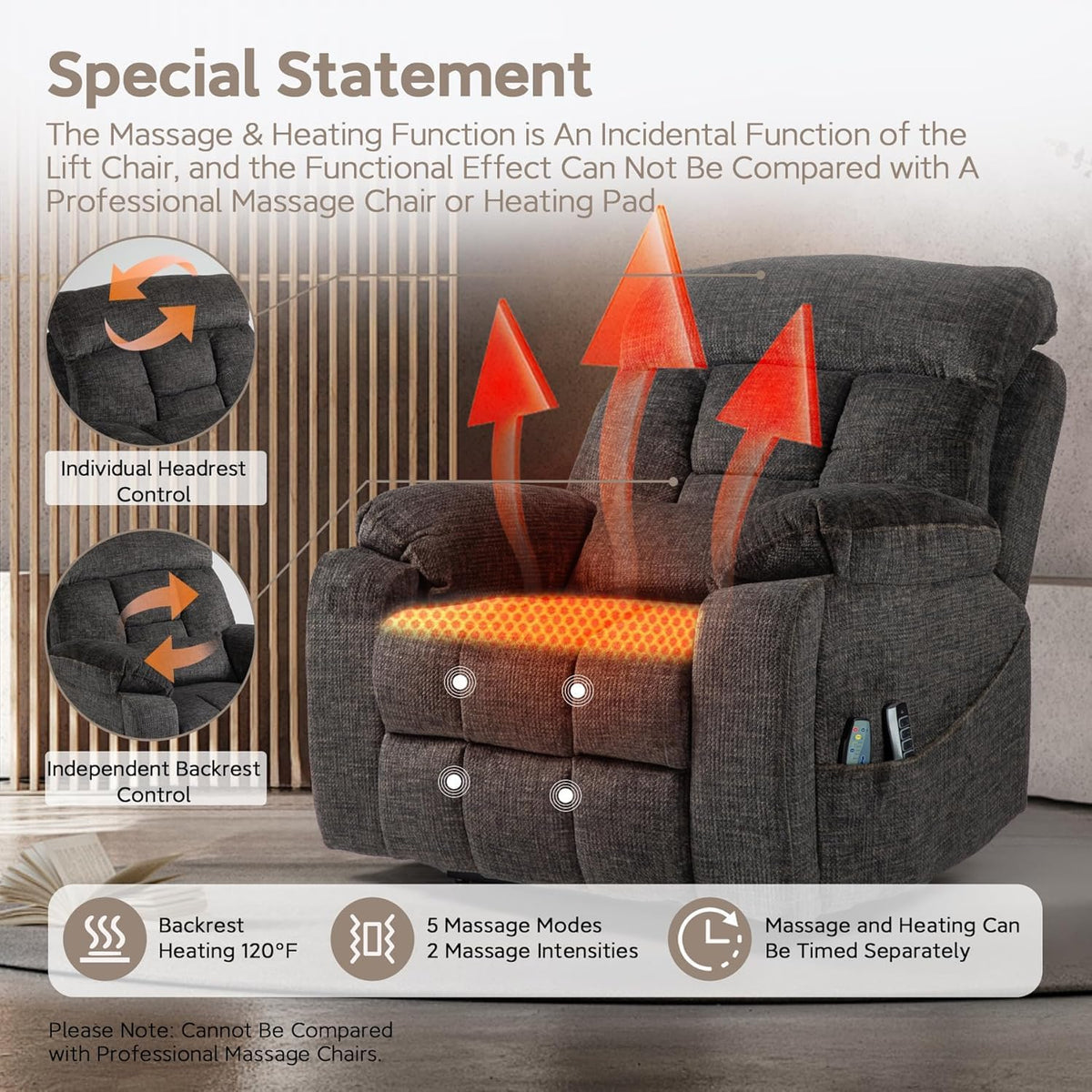 Lazy Boy Recliner Chair with Heated and Massage, 4 Motor Headrest, Lumbar Independent Adjustment