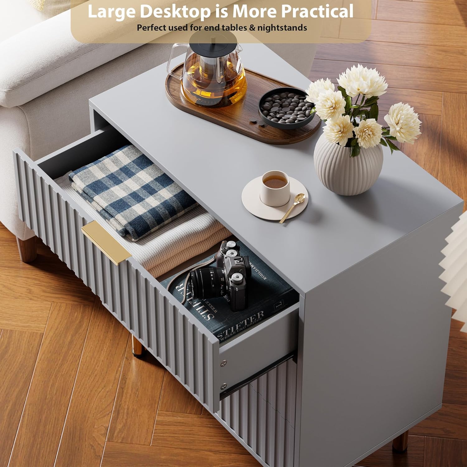 3 Drawer Dresser for Bedroom, Fluted Modern Nightstand with Deep Drawers, Chest of Drawers with