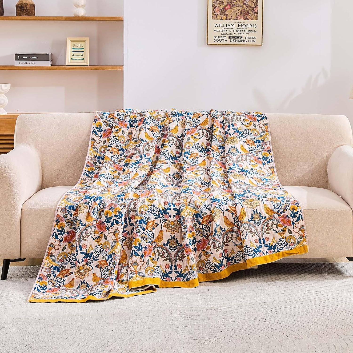 Boho Blanket Throw Quilt, 100% Cotton Soft Light Weight Throw Blankets for Summer, 80"x90"