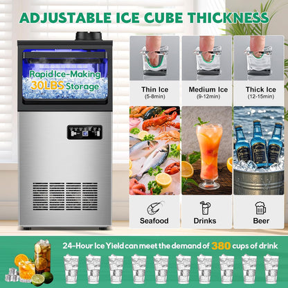 Commercial Ice Maker Machine 130Lbs/24H with 30Lbs Ice Capacity, 45Pcs Clear Ice Cubes Ready in