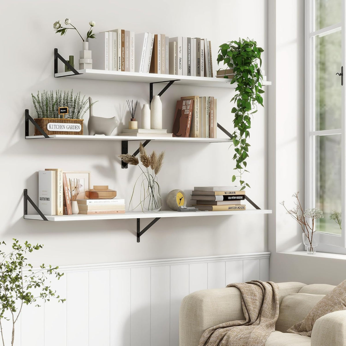 Fun Memories Deep Floating Shelves, 55W x 12D Floating Shelves for Wall, Wood White Floating Shelf