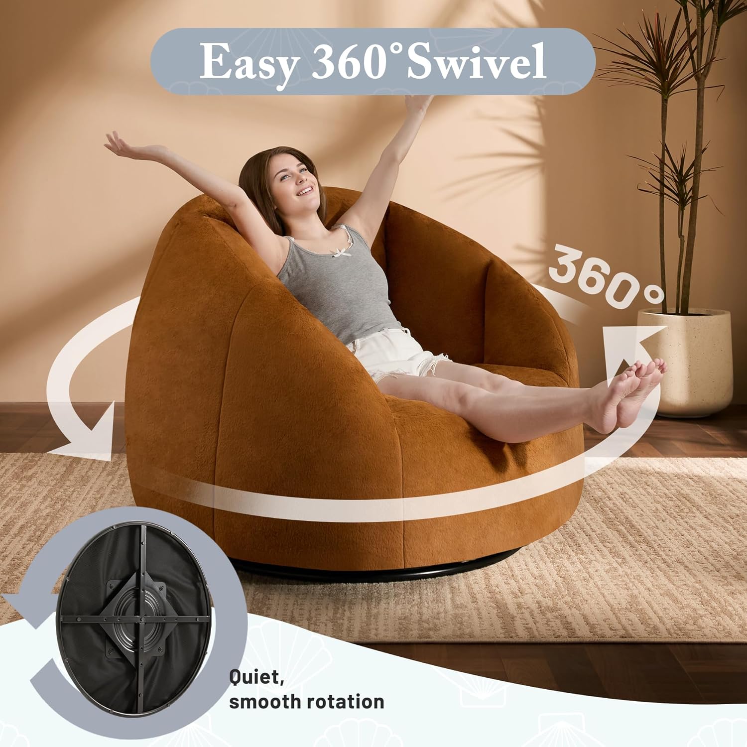 Giant Bean Bag Swivel Chair for Adults - Comfy Plush Round Shell Soft Accent Chaise Lounge Indoor