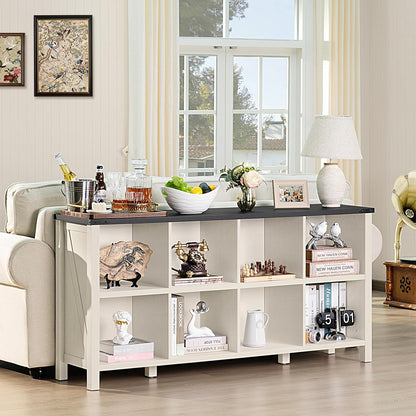8 Cube Book Shelf, Farmhouse Wood Long Storage Organizer Bookcase, 62" Horizontal Antique White &
