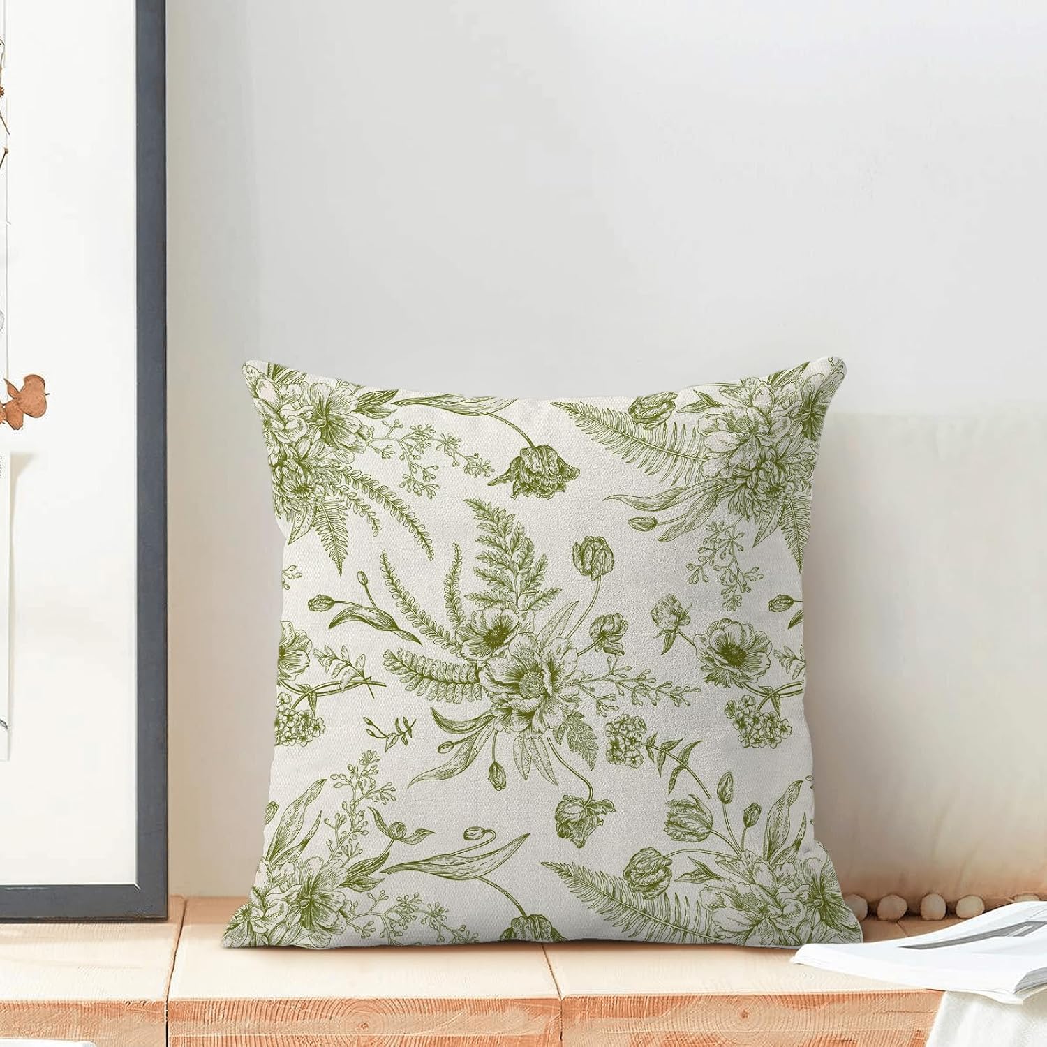 CXMEIFLY Sage Green Floral Leaves Chinoiserie Decorative Throw Pillow Covers Set of 2, 18x18 Inch